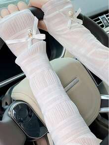 1 对休闲街头风格蝴蝶结丝带防紫外线臂套，优雅女士丝绸材质，长臂覆盖，适合驾驶和骑自行车 - 黑/白 - 查看 1