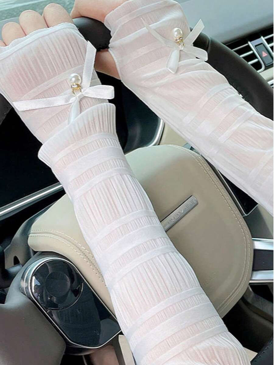 1 对休闲街头风格蝴蝶结丝带防紫外线臂套，优雅女士丝绸材质，长臂覆盖，适合驾驶和骑自行车 - 黑/白 - 查看 1