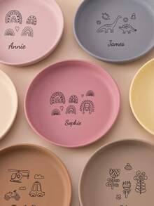 1件个性化定制姓名和图案儿童硅胶餐具圆形吸盘喂食训练儿童餐具纯色按需印刷食物储存 - 多色1 - 查看 4