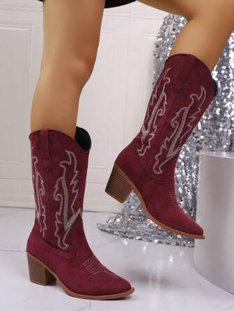 Women's Western Boots, Women's New Embroidered Western Cowgirl Boots, Pointed Toe Chunky Heel Mid-Calf Boots, Embroidered Boots For Women, Black Chelsea Boots, Fashionable Slip-On Boots, Autumn/Winter Slip-On Mid-Calf Boots, Warm Thermal Lined Boots
