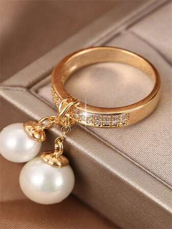 1pc Fashion Copper Cubic Zirconia Decor Faux Pearl Charm Ring For Women For Decoration Gift Party