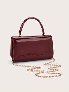 女士时尚纯色漆皮手拿包，饰有金属配件，翻盖设计，PU材质，链条肩带，适合晚宴、舞会或毕业舞会等正式/派对场合。 - 酒紅色 - 查看 5