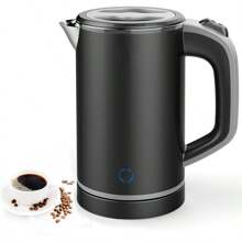 Small Electric Kettles,0.8L Portable Travel Kettle With Double Wall Travel Mini Hot Water Boiler Heater, 304 Stainless Steel Portable Electric Kettles For Boiling Water(Black) - 黑色 - 查看 1