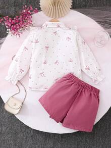 Set de 2 piezas para niñas pequeñas: Blusa elegante y dulce con cuello de moño de lunares rosas y falda corta de línea A única, apropiado para uso casual, vacaciones, salidas diarias, regalos, primavera/verano/otoño