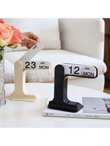 1pc Wooden Desktop Perpetual Calendar - Metal & Wood Month/Date Display With Golden Finish, Reusable Office Decor For Teachers/Students - Classroom Supplies, Farmhouse Decor, Teacher Appreciation Gift, Desk Organizer, Rustic Office Accessories, Vintage Calendar, Study Planner