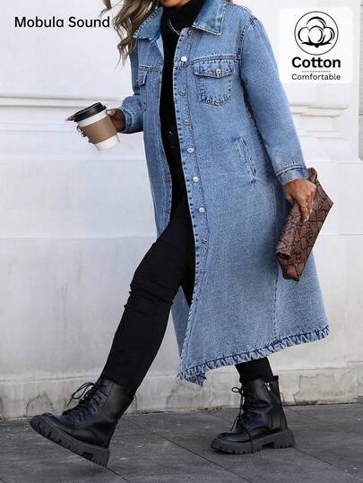Mobula Sound# Plus Size Women's Spring/Summer Versatile Fashion Denim Front Button Long Jacket For Daily, Holiday, Travel, Airport Wear Casual