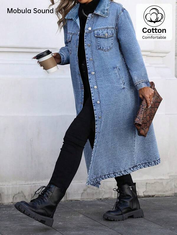 Plus Size Women Fashion Casual Denim Jacket And Pants Set, Versatile For Spring/Summer Daily Wear, Birthday Party, Travel, Stage, Concert, Daily Life, Holiday, School Alumni Party