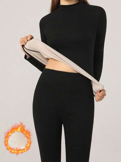 2pcs/Set Women Thermal Lined Thermal Underwear Set, Elastic Turtleneck Top + Long Pants, Warm & Comfortable For Autumn/Winter