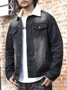 Jaqueta Denim de Manga Longa com Gola de Pelúcia, Estilo Coreano Retrô Lavado, Adequada como Presente para Namorado ou Marido, para Outono e Inverno