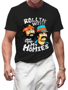 Cotton T Shirt,Short Sleeve Funny Graphic Top, Funny Rollin' With My Homies Men's  Short Sleeve Top, Men's 180g Combed Cotton Summer T-Shirt ,Vintage T Shirts ,Funny Graphic Tee,Graphic Tee - 黑色 - 查看 9