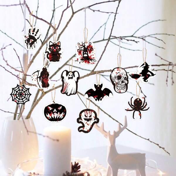 Set de 12 piezas de decoración colgante para árbol, adecuado para Halloween, Acción de Gracias y celebraciones de otoño - Apto para árboles pequeños, decoración de Acción de Gracias | Decoración de temporada | Hecho de cartón blanco, decoración de Halloween
