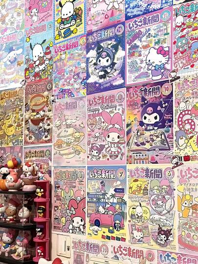 Sanrio 10 piezas/20 piezas/24 piezas Juego de pósteres de Hello Kitty - Arte de pared con tema de anime, decoración de habitación DIY, decoración de regalo, decoración del hogar, decoración de pared, decoración de baño, decoración de cocina, papel tapiz de sala de estar, pegatinas de pared, decoración del hogar, decoración de dormitorio, suministros de decoración de habitación, decoración de sala de estar Pegatinas personalizadas