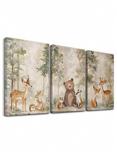3pcs Watercolor Animal Forest Fox Bear Deer Wall Art Set Artwork Image, Print On Canvas, Modern Posters, Animal Posters, Modern Wall Arts, Wall Arts, Art Prints, Posters, For Room Living Room Hallway Bedroom Wall Decor, Optional Frame