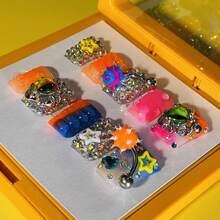 10pcs Punk Nails Chic Short Duckbill Press On Nails Set - Handcrafted With Shiny Rhinestones, Eye Charms, Glitter, And Colorful Accents, Features Red Blue And French Tip Style, Perfect For Parties & Casual Attire, Suitable For Wedding Parties And Daily Wear, Includes Tool Kit For Easy Application. - 彩色 - 查看 2