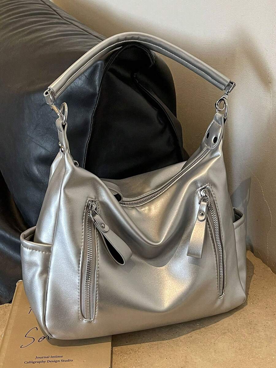 Merlard Retro 2025 磨砂质感大容量时尚百搭单肩包，高端沙滩包，托特包，购物袋，大包，小众质感手提包，拉链双肩带斜挎包 - 銀色 - 查看 1