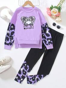 2pcs/Set Tween GirlsCartoon Portrait Print Sweatshirt & Skinny Pants Suit, Streetwear Fashion, Autumn - Purple - View 1