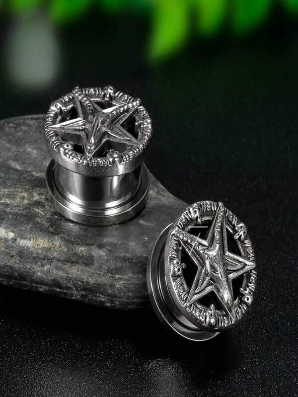 Men's Fashion Punk Style Piercing Jewelry, Stainless Steel Hexagram Tunnel Ear Gauge Expander Earrings