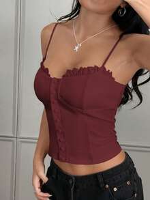 Sunny Girly Fall Women Clothes Y2k Back To School A Sexy And Pure Style Button-Down Front Button-Fitted Halter Top Romantictops Going Out Tops Women - Burgundy - View 2