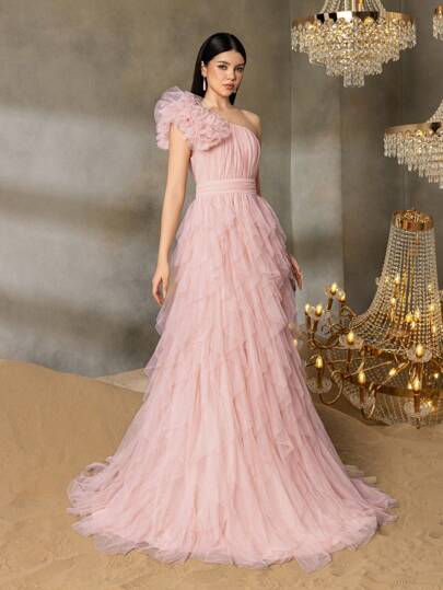 ALISA&LEO Tonårsflicka med enaxlad aftonklänning, dekorerad med volangchiffong och blommiga detaljer - Formell klänning för bal, skolevenemang och fester