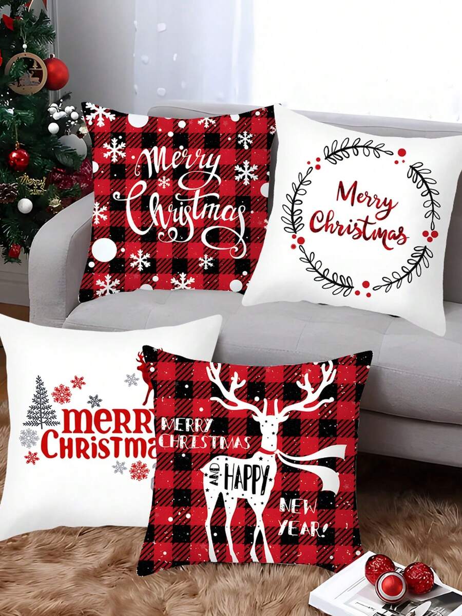 4 件套圣诞装饰枕套，红黑格纹圣诞树驯鹿图案靠垫套，圣诞快乐派对装饰，圣诞客厅卧室装饰枕套，圣诞床椅沙发装饰沙发套，圣诞家居装饰，房间装饰，2026 新年装饰，圣诞装饰，圣诞礼物