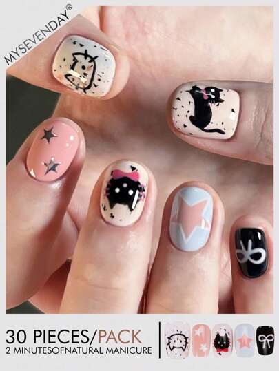 30 Peças Unhas Postiças Quadradas Curtas Essenciais de Praia Adesivas para Mulheres/Unhas de Halloween/Estampa de Desenho Animado/Acompanha 1 Peça de Cola de Gelatina e 1 Lixa de Unha, Suprimentos de Unhas