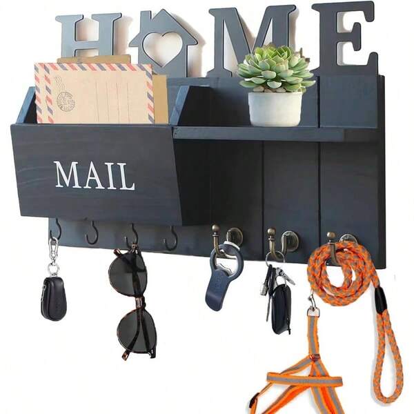 Key And Mail Older For, Rustic Wooden Mail Organizer With Shelf And 7 Ooks, Spa Saving Farmhouse Entry Way Key Rack For Coat, Dog Leash, Ome Acssories(Black)