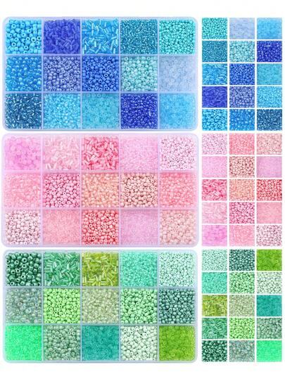 3 Boxes 15-Compartment Decorated Seed Beads Tubes, For DIY Crafts Bracelets Necklaces Jewelry Making (Blue+Pink+Green)