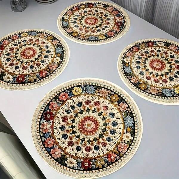 8pcs/6pcs/4pcs/1pc Bohemian Style Round Placemats - With Intricate Floral And Geometric Patterns - 15 Inch, Polyester Linen Printed Placemats, Machine Washable And Hand Washable, Ideal For Restaurant Decor, Party Table Setting, Tabletop Decoration, Vibrant Placemats, Durable Tableware