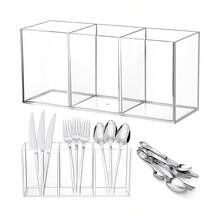 1 pieza Soporte de utensilios transparente con 3 compartimentos, caja de almacenamiento de utensilios de acrílico para palillos, tenedores, cuchillos y cucharas, organizador de utensilios de cocina, accesorios de cocina - Multicolor - Ver 1