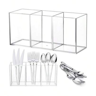 1pc Transparent Utensil Holder With 3 Compartment, Acrylic Utensil Storage Box For Chopsticks, Forks Knives And Spoons, Kitchenware Organizer, Kitchen Accessories