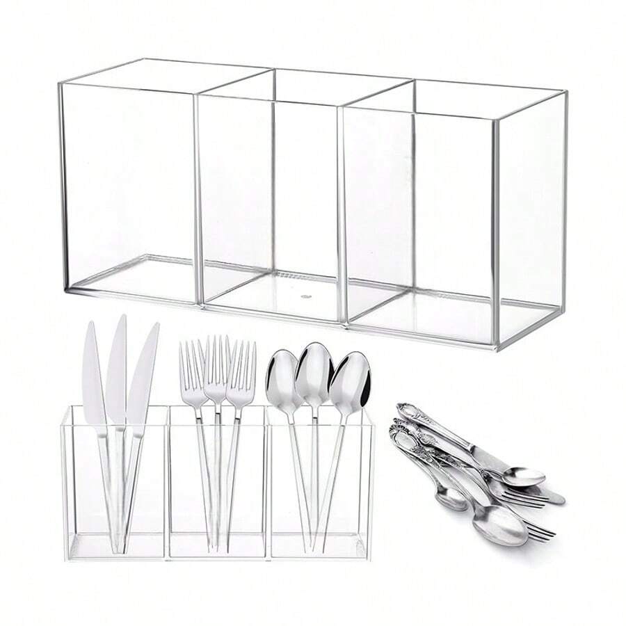 1 pieza Soporte de utensilios transparente con 3 compartimentos, caja de almacenamiento de utensilios de acrílico para palillos, tenedores, cuchillos y cucharas, organizador de utensilios de cocina, accesorios de cocina - Multicolor - Ver 1