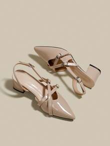 女士杏色漆皮尖头单带粗跟高跟鞋，优雅尖头正式高跟鞋，时尚露跟高跟鞋 - 杏色 - 查看 6