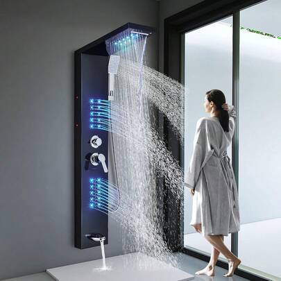 Shower Panel LED Shower System With Rainfall Waterfall Shower Head Full Body Shower Jets Contemporary Shower Tower Stainless Steel Shower Faucet Set For Bathroom