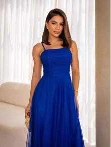 Sparkly Party Dress With Square Neckline, Elegant Debutante Prom Wedding - Royal Blue - View 2
