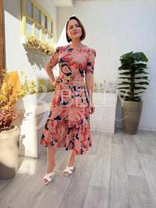 VESTIDO MIDI MALHA EVASÊ MODESTO MODA EVANGÉLICA Listrado Malha Bainha com babado Com cinto Noite Feriado Casamento Casa Night Trabalhar congresso brunch Formal e Noturno Sessão de fotos