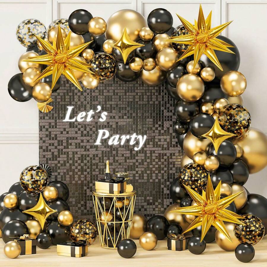 108pcs Black & Gold Balloon Arch Kit, Includes Chrome Black & Gold Metallic Balloons, Suitable For Graduation, Baby Shower, Boy/Girl Birthday, Prom, New Year, Wedding Party Decoration - Black Gold - View 1