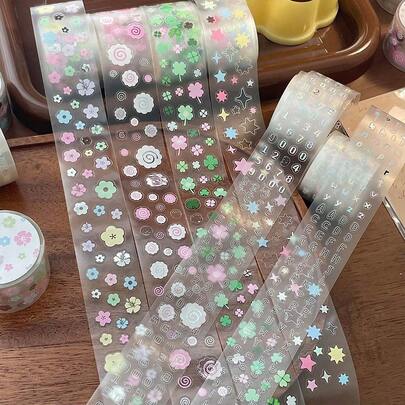 Foil Sticker Roll, Embossed Silver Small Roll Planner Washi Tape, PET Letter, Star, Clover, Minimalist Small Elements DECO