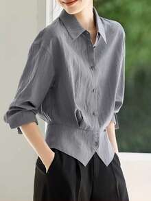 Dünne Pendlerbluse, tailliert, einfarbig, Knopfleiste vorne, Tasche, asymmetrischer Saum Hemd, Frühling/Sommer