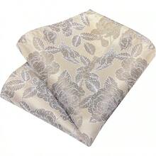 Conjunto de corbata de seda con estampado floral, incluye pinza de corbata, pañuelo y gemelos - Champán - Ver 11