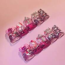 10pcs Y2K Red Nails Chic Short Duckbill Press On Nails Set - Handcrafted With Shiny Rhinestones, Zebra Stripes, Hearts, And Crystal Accents, Features Pink Black And French Tip Style, Perfect For Parties & Casual Attire, Suitable For Wedding Parties And Daily Wear, Includes Tool Kit For Easy Application. - 彩色 - 查看 3