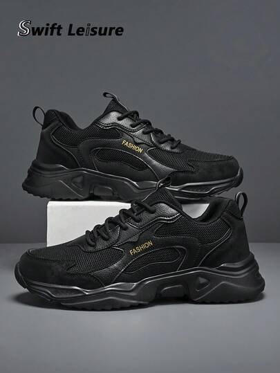 Men's Black & Grey Mesh Patchwork Designed Comfortable Running Shoes, Fashionable Black Outdoor Versatile Casual Sports Sneakers