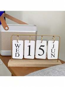 1pc Wooden Desktop Perpetual Calendar - Metal & Wood Month/Date Display With Golden Finish, Reusable Office Decor For Teachers/Students - Classroom Supplies, Farmhouse Decor, Teacher Appreciation Gift, Desk Organizer, Rustic Office Accessories, Vintage Calendar, Study Planner