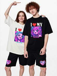Customized 2 Pieces Set, White T-Shirt And Black Shorts, Casual, Loose, Streetwear, Sportswear, Vacation, Outdoor, Suitable For Couples, Family, Friends Birthday, Round Neck Graphic Tee And Drawstring Waist Shorts - White - View 6