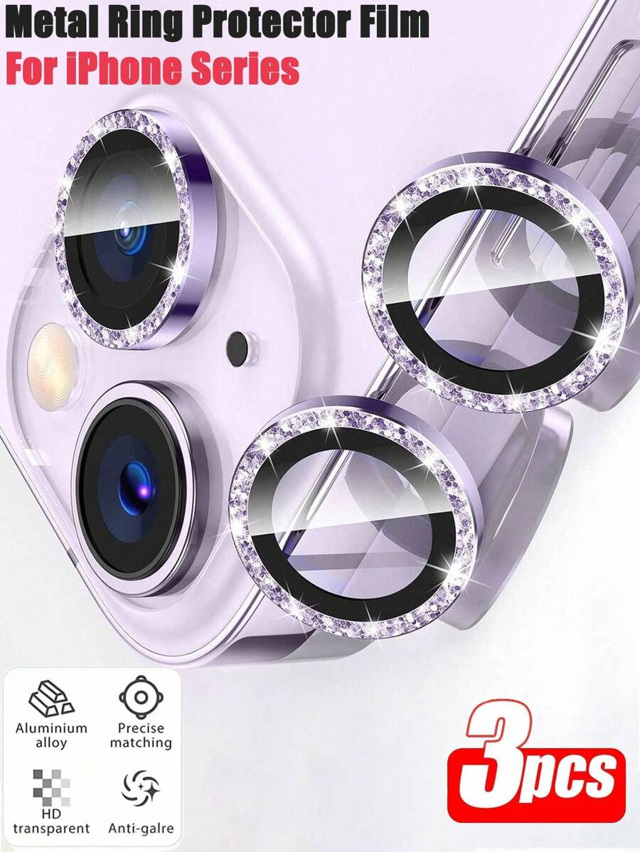 3片装，兼容 17/16/15/14/13/12/11Plus的相机镜头保护膜，防刮闪亮金属环，女士镜头保护盖，可爱镜头保护配件，粉色