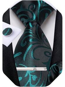 Silk Floral Necktie Set With Tie Clip, Handkerchief & Cufflinks - Black and Teal - View 1
