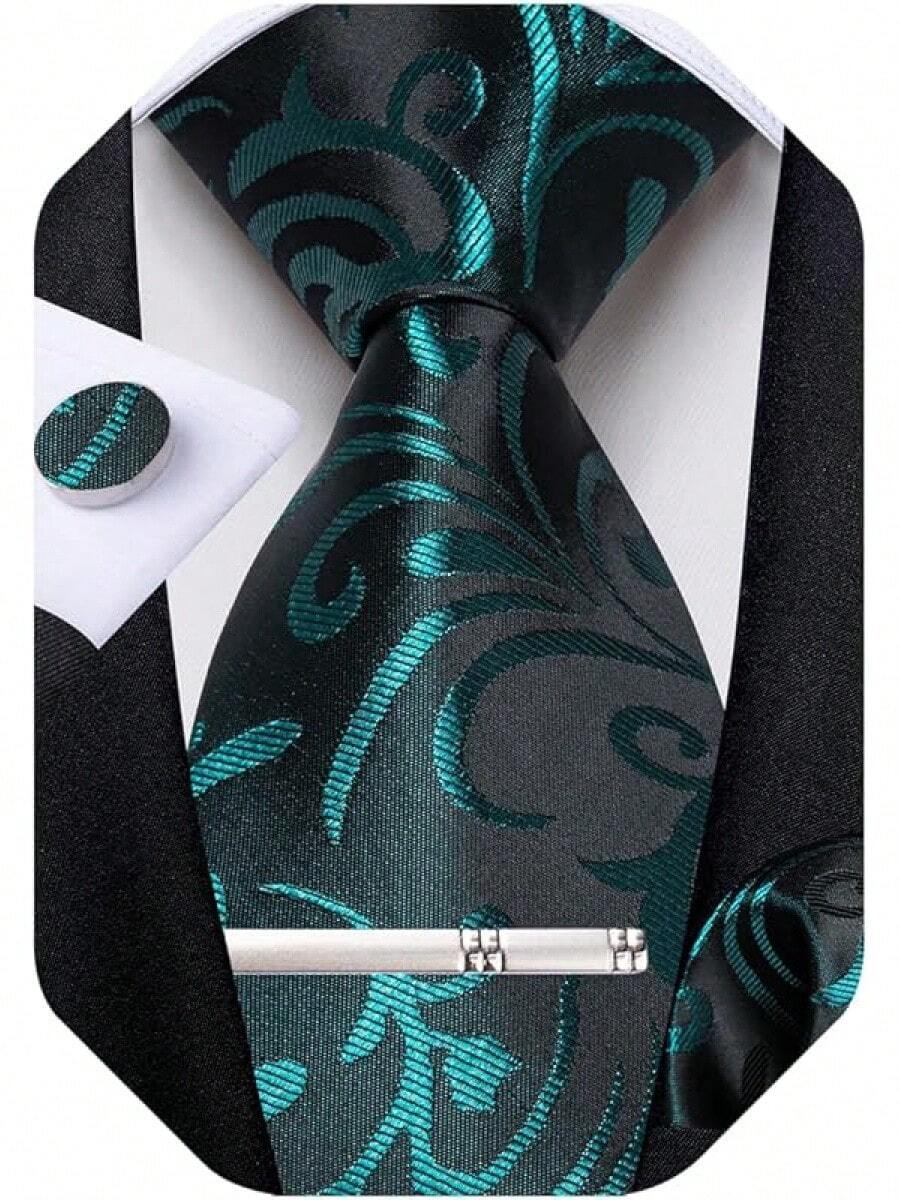 Silk Floral Necktie Set With Tie Clip, Handkerchief & Cufflinks - Black and Teal - View 1