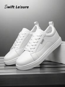 男士时尚简约纯色拼接低帮系带平底基本款白色运动鞋，青少年户外缝线装饰休闲情侣运动鞋 - 白色 - 查看 3