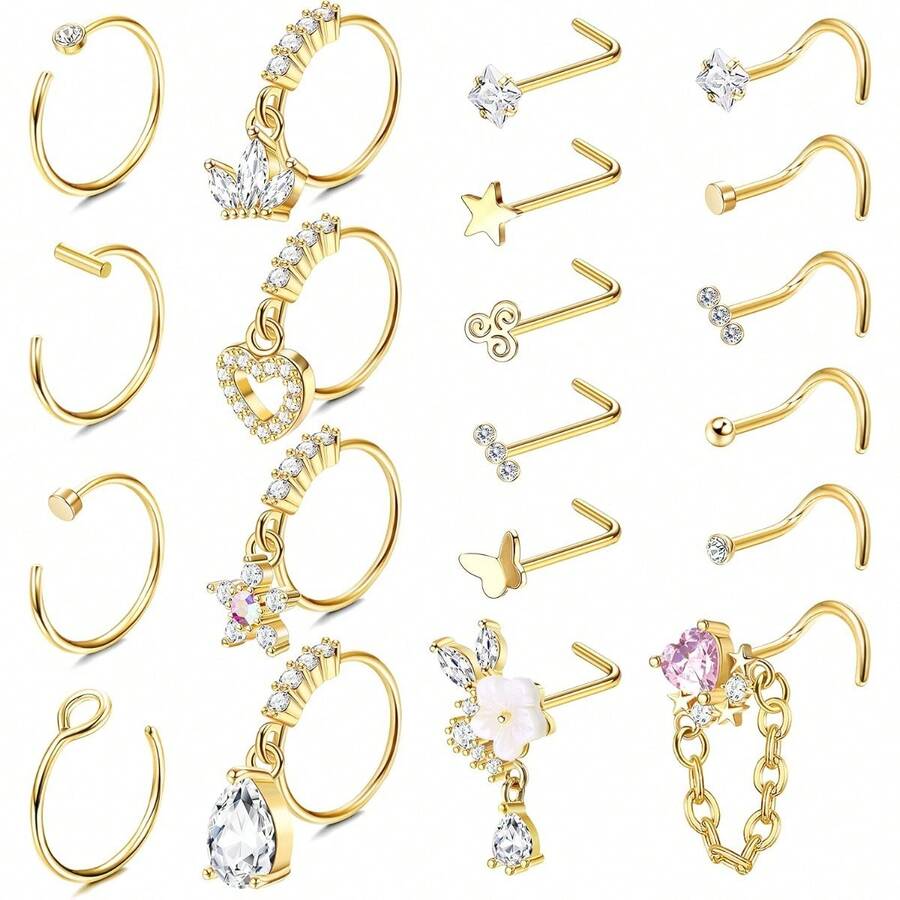 Milacolato PCS 20G Dangle Nose Rings For Women - Butterfly, Heart, Moon, Flower, Cross CZ Hoops - Cartilage Earring Piercing Jewelry - 彩色 - 查看 1