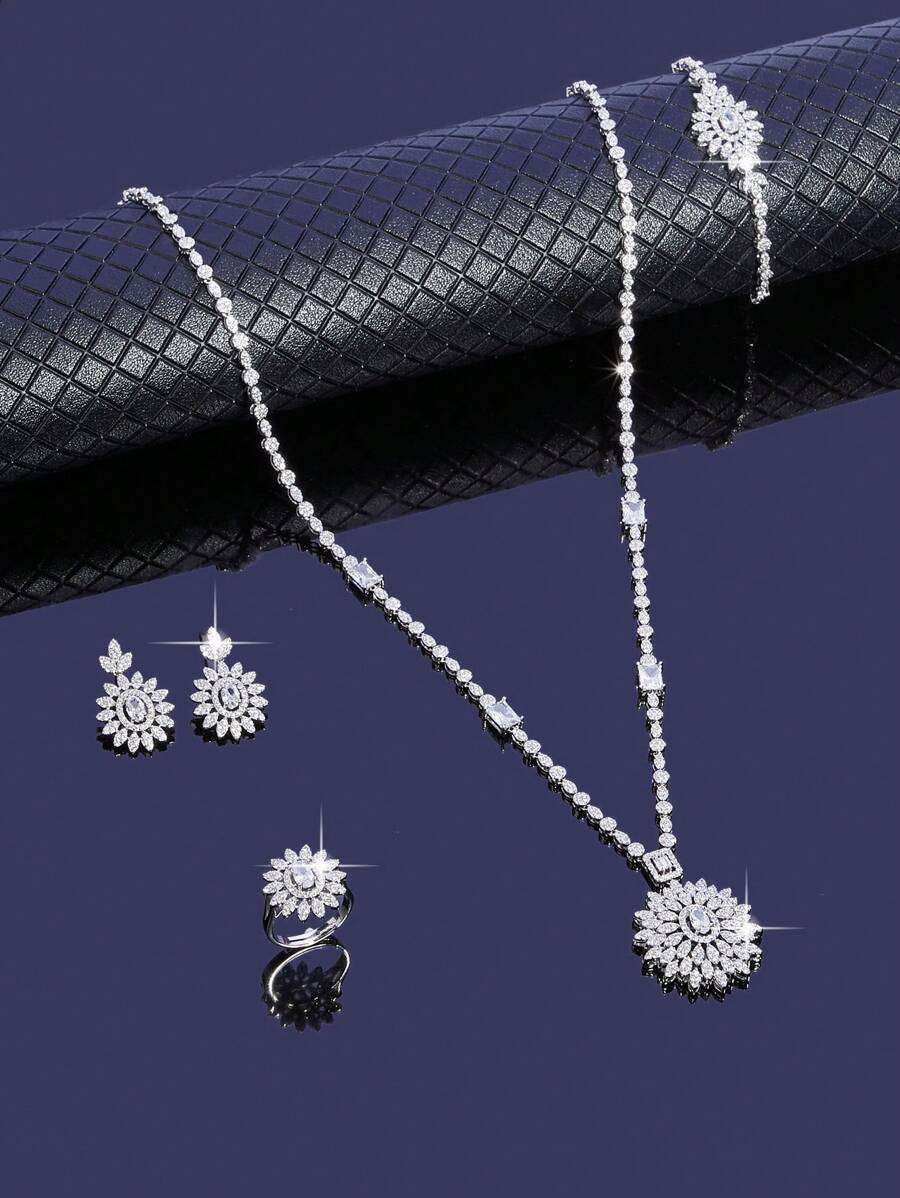 5 件/套 新款时尚 90 厘米毛衣长项链耳环首饰套装 女士婚礼派对锆石 CZ 非洲迪拜新娘首饰