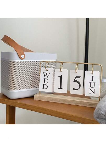 1/2pcs Wooden Desktop Perpetual Calendar - Metal & Wood Month/Date Display, Golden Finish, Reusable Office Decor For Teachers/Students - Classroom Supplies, Farmhouse Decor, Teacher Appreciation Gift, Office Desk Organizer, Rustic Office Accessories, Vintage Calendar, Study Planner